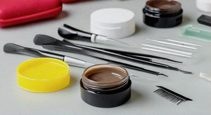 Various tools for applying temporary eyebrow tattoos, including brow brushes, tweezers, and brow color products.