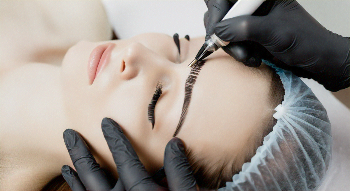 Professional performing eyebrow tattoo procedure for natural, perfect brows in beauty studio.