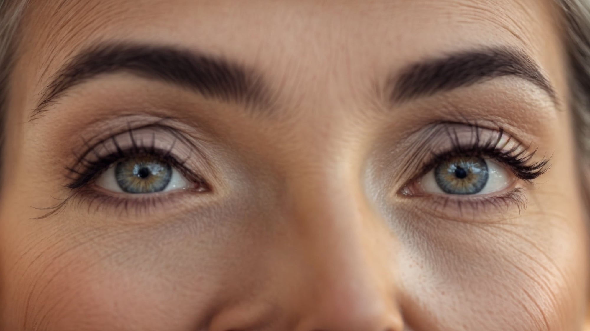 Close-up of perfectly shaped eyebrows and blue eyes showing natural beauty and elegance.