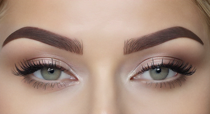 Close-up of perfectly shaped and colored semi-permanent eyebrow tattoos with natural makeup look