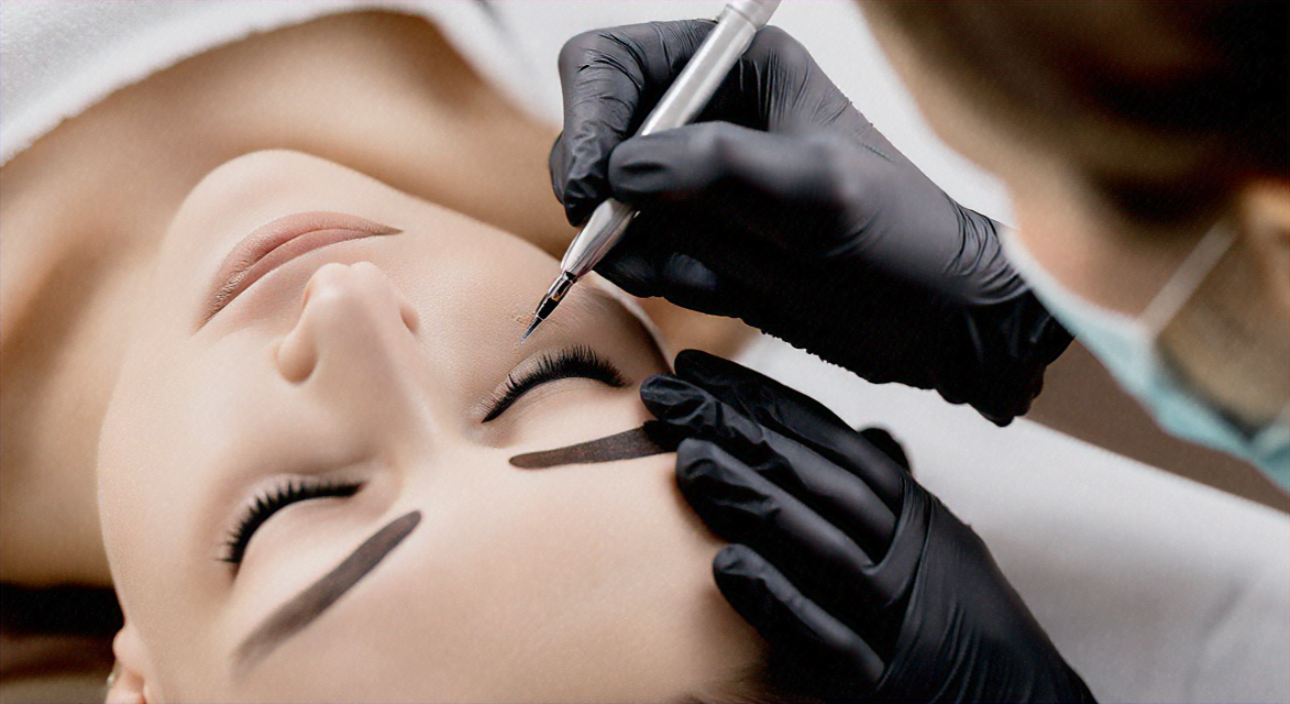 Woman getting eyebrow tattoo in beauty salon for perfect brows and brow shaping