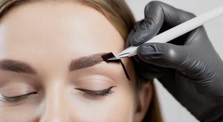 Applying temporary eyebrow tattoo with precision brush for perfect eyebrows.