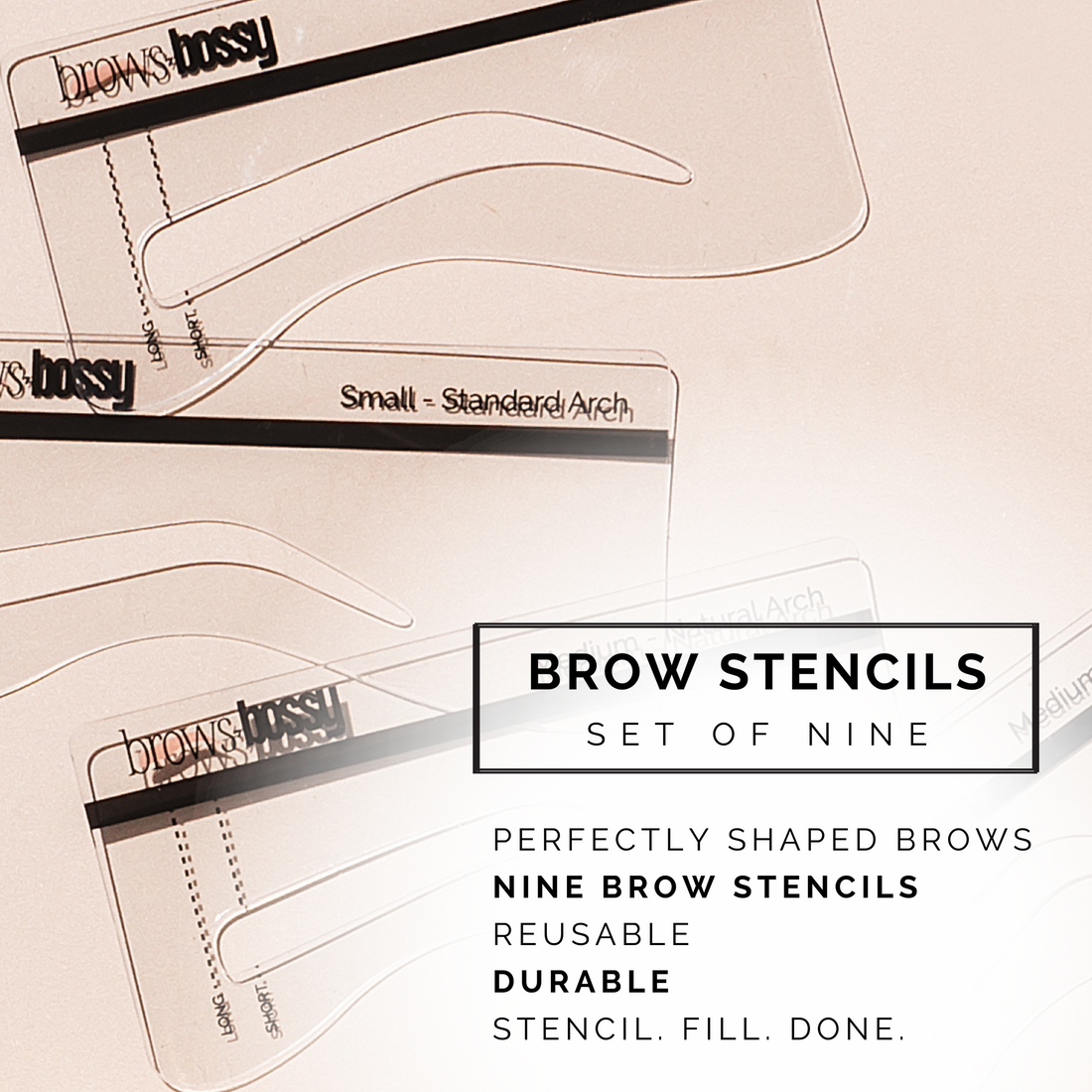 Pack of nine reusable eyebrow stencils for perfect, defined brows. Durable and easy to use brow stencils for flawless shaping.