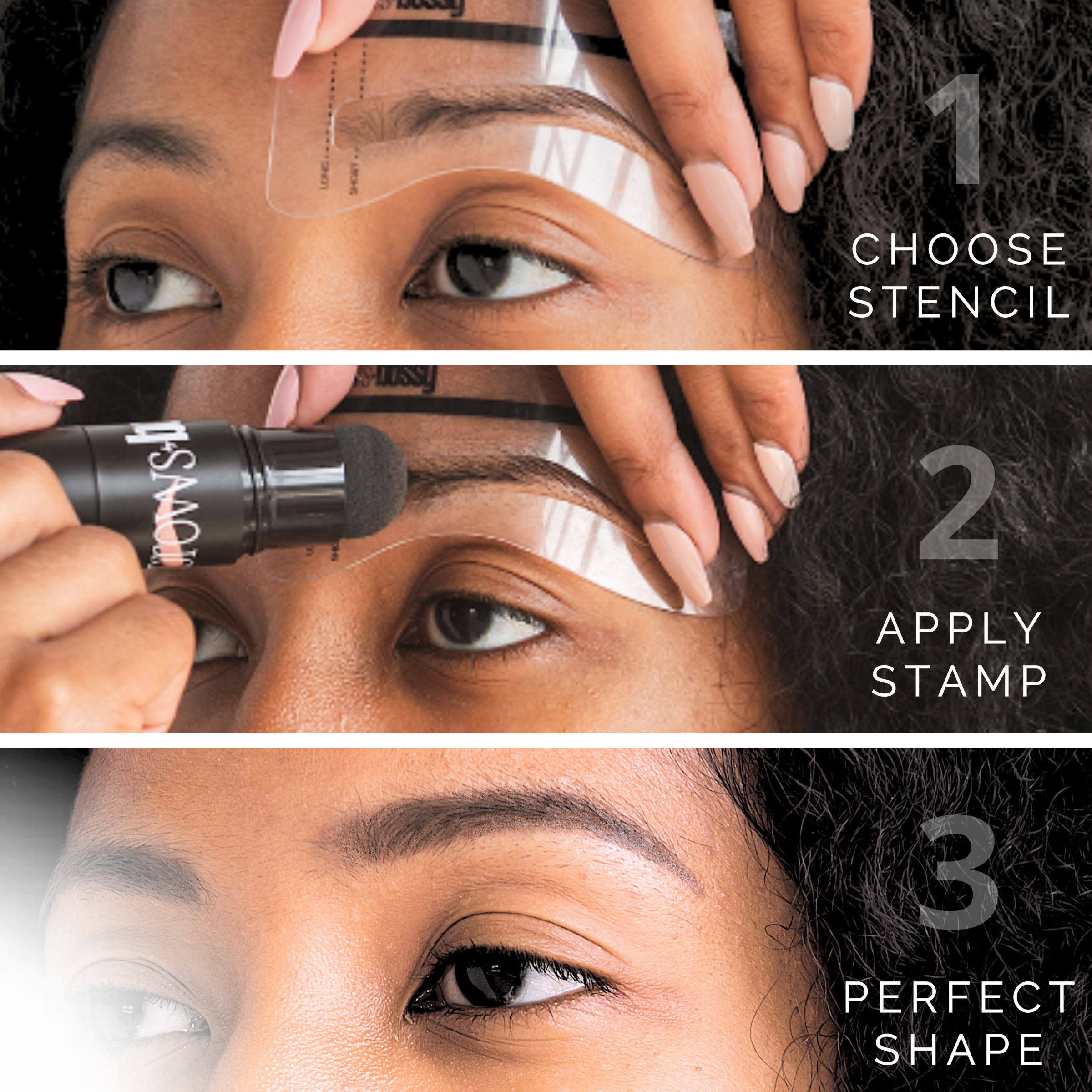 Step-by-step guide to using an eyebrow stamp and stencil kit for perfect eyebrows: Choose stencil, apply stamp, achieve perfect brow shape.