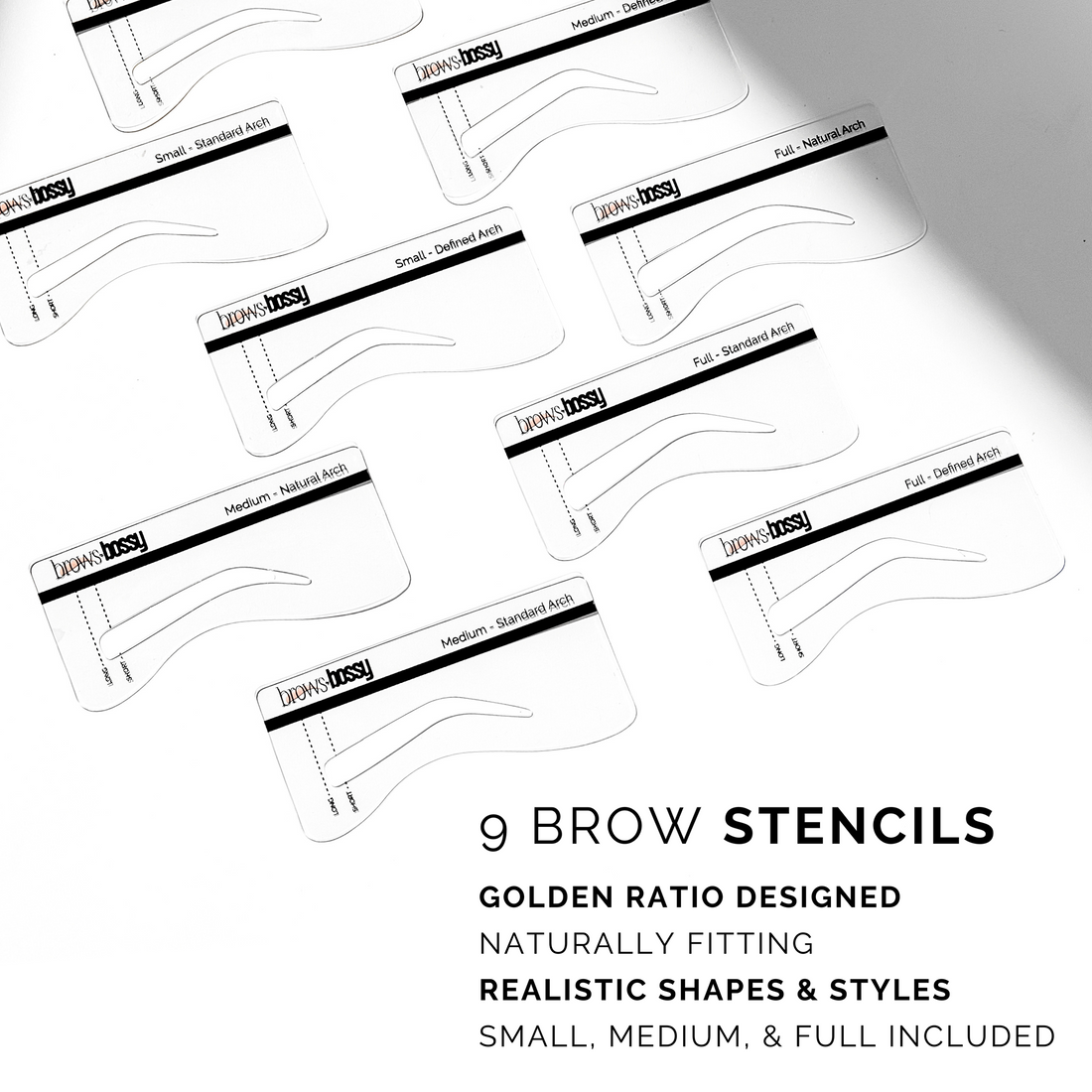 9 pack of eyebrow stencils with golden ratio design for naturally fitting, realistic shapes and styles; includes small, medium, and full sizes