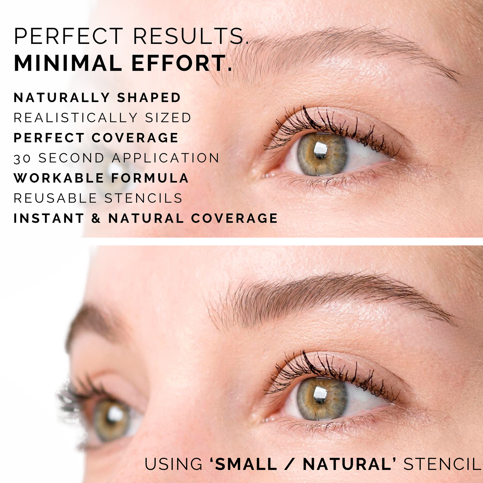 Before and after using eyebrow stencils showing naturally shaped and defined brows with small/natural stencil for perfect coverage.