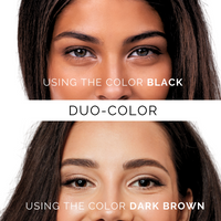 Two women showing the result of the eyebrow stamp and stencil kit refill, one using black and the other using dark brown for perfect brows.