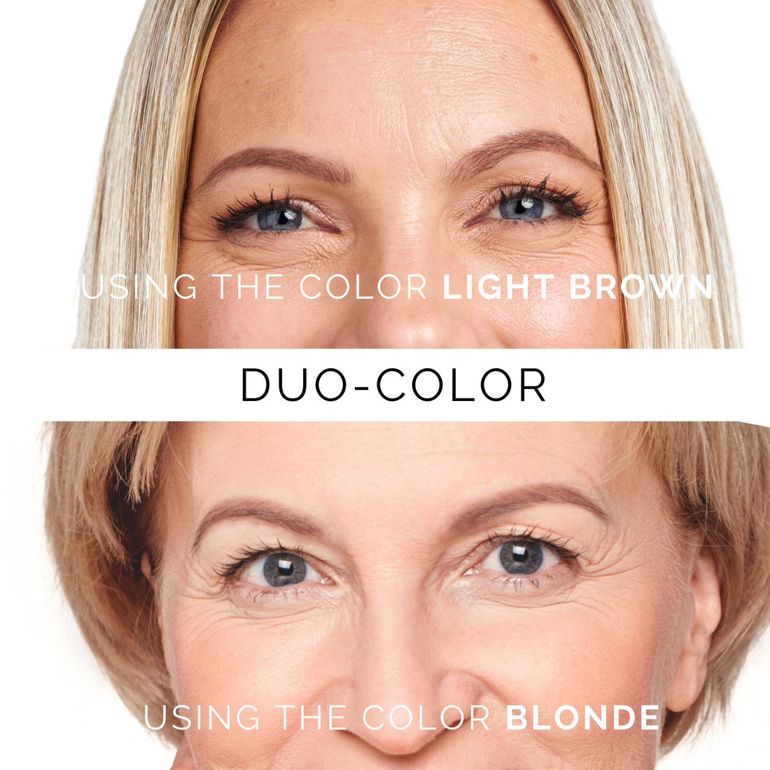 Close-up of two women with perfect brows using eyebrow stamp and stencil kit refill in light brown and blonde colors.