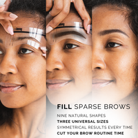 Woman using eyebrow stencils from a 9-pack to fill sparse brows with nine natural shapes and achieving symmetrical results quickly.