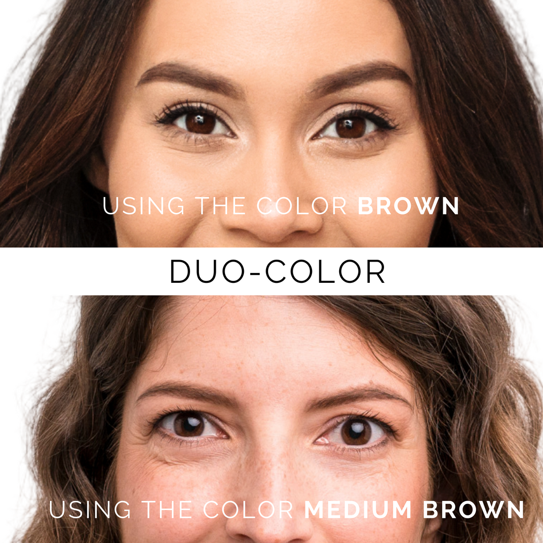 Close-up of two women showcasing eyebrow stamp and stencil kit refill in Brown and Medium Brown for perfect brows.